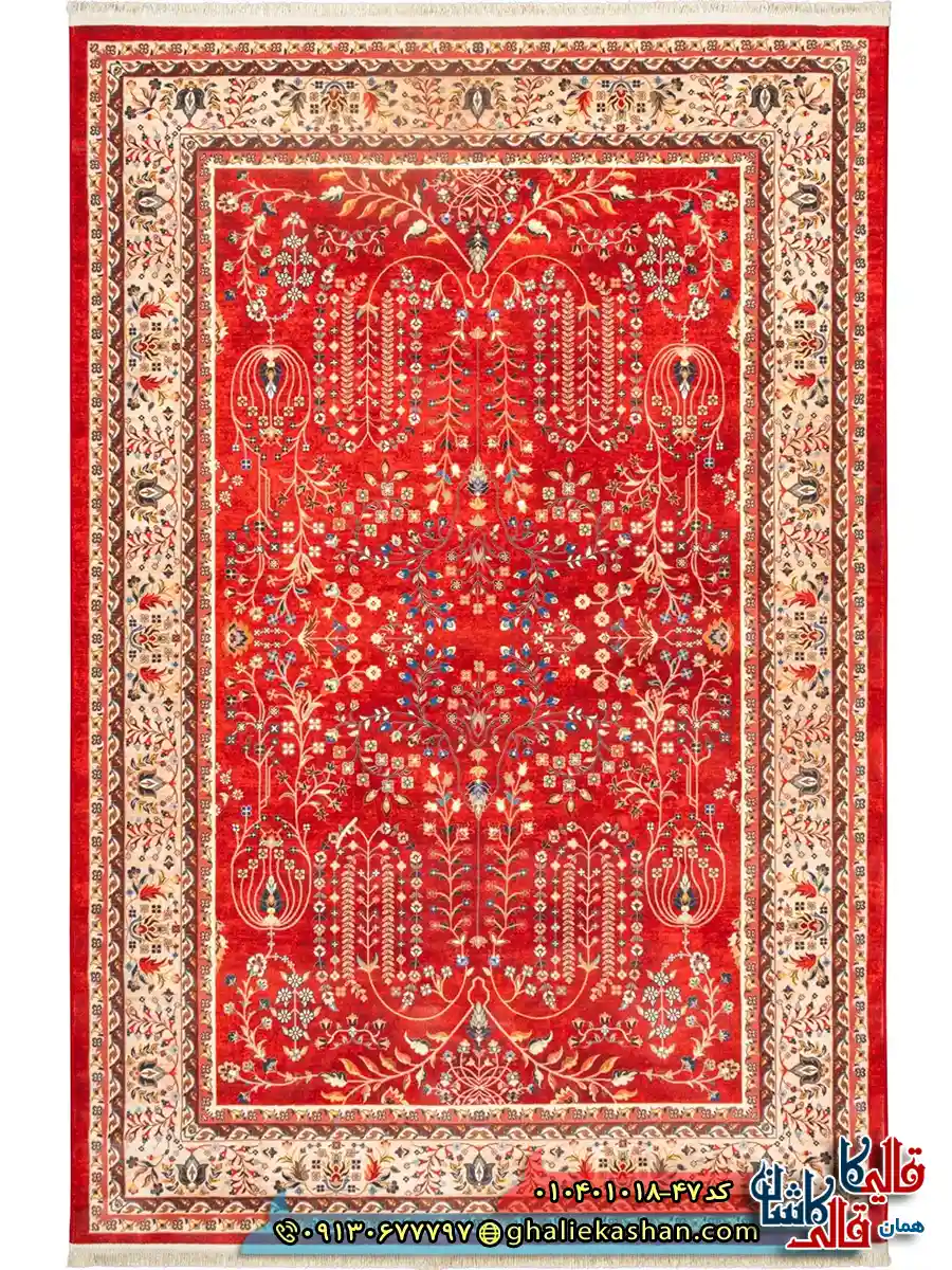 فرش سنتی 1000 شانه طرح افشان درختی مجنون زمینه زرشکی کاشان اصلی