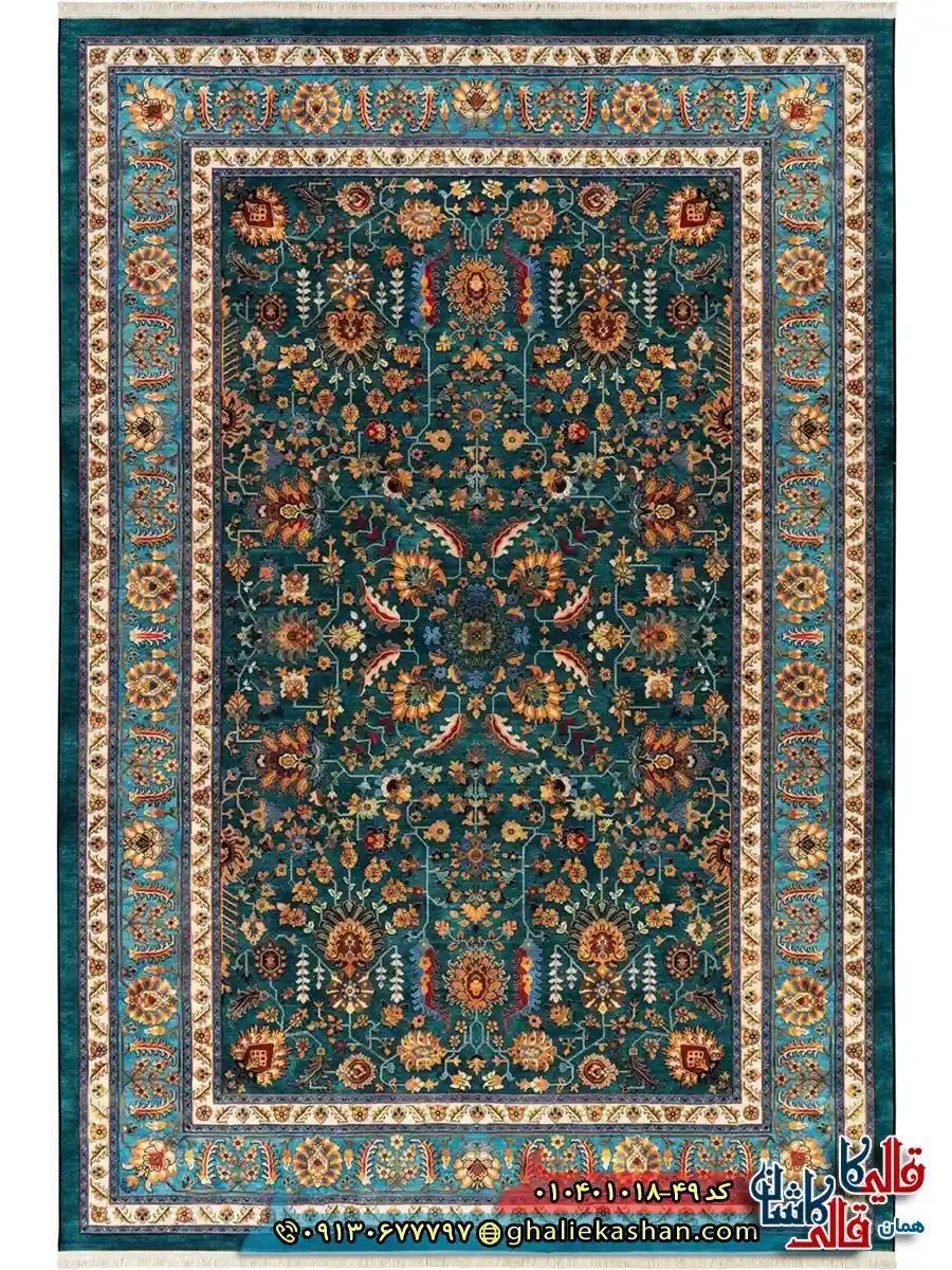 فرش سنتی 1000 شانه طرح افشان سلطانی زمینه سبز کاشان اصلی