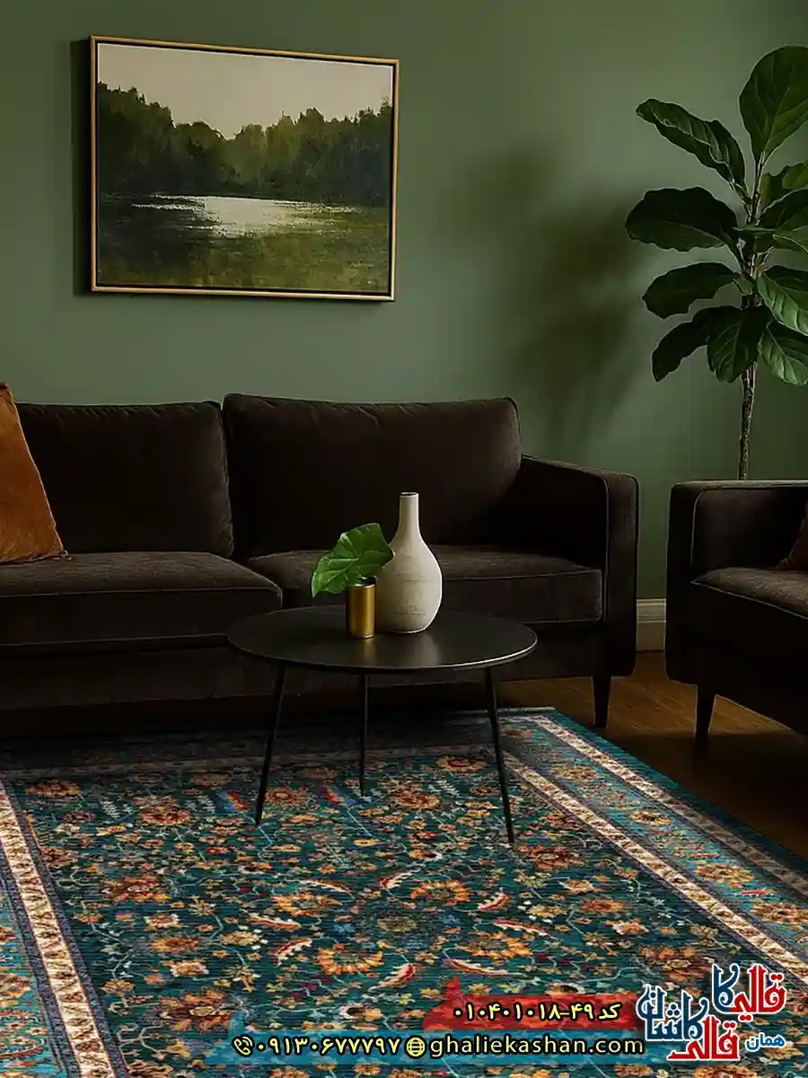 فرش سنتی 1000 شانه طرح افشان سلطانی زمینه سبز کاشان دکوراسیون