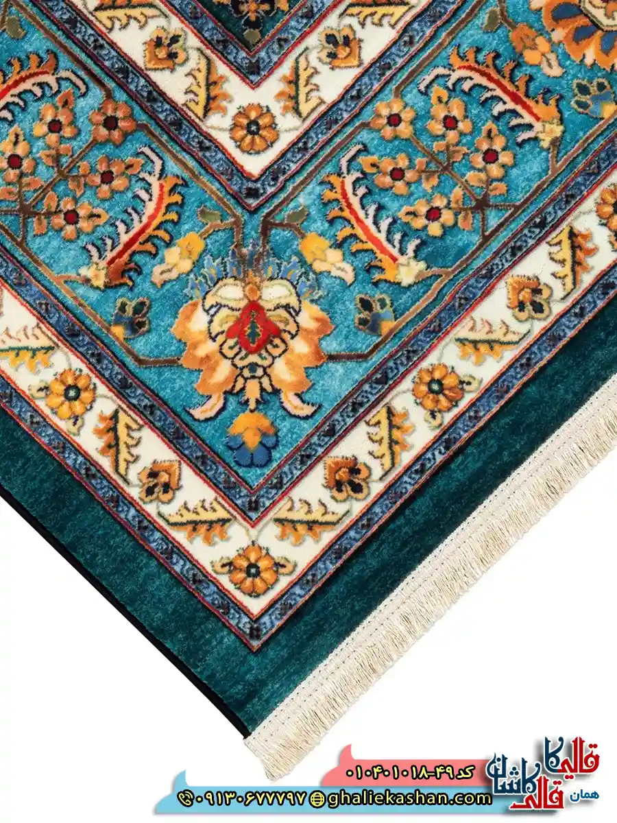 فرش سنتی 1000 شانه طرح افشان سلطانی زمینه سبز کاشان نزدیک4