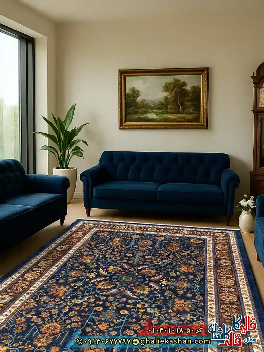 فرش سنتی 1000 شانه طرح افشان سلطانی زمینه سرمه ای کاشان دکوراسیون