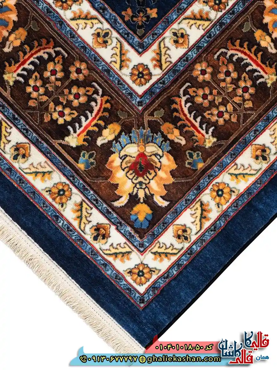 فرش سنتی 1000 شانه طرح افشان سلطانی زمینه سرمه ای کاشان نزدیک2