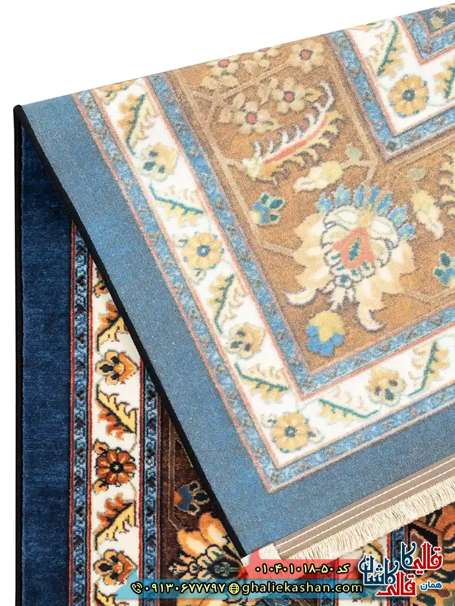 فرش سنتی 1000 شانه طرح افشان سلطانی زمینه سرمه ای کاشان نزدیک3
