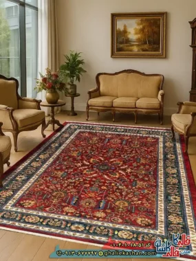 فرش سنتی 1000 شانه طرح افشان سلطانی زمینه قرمز لاکی کاشان