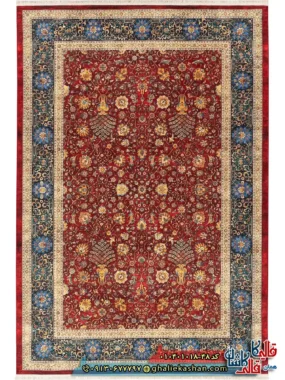 فرش سنتی 1000 شانه طرح افشان طاووس زمینه لاکی کاشان اصلی