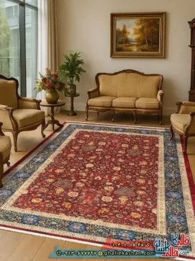 فرش سنتی 1000 شانه طرح افشان طاووس زمینه قرمز لاکی کاشان