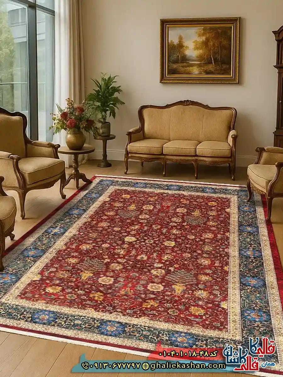 فرش سنتی 1000 شانه طرح افشان طاووس زمینه لاکی کاشان دکوراسیون