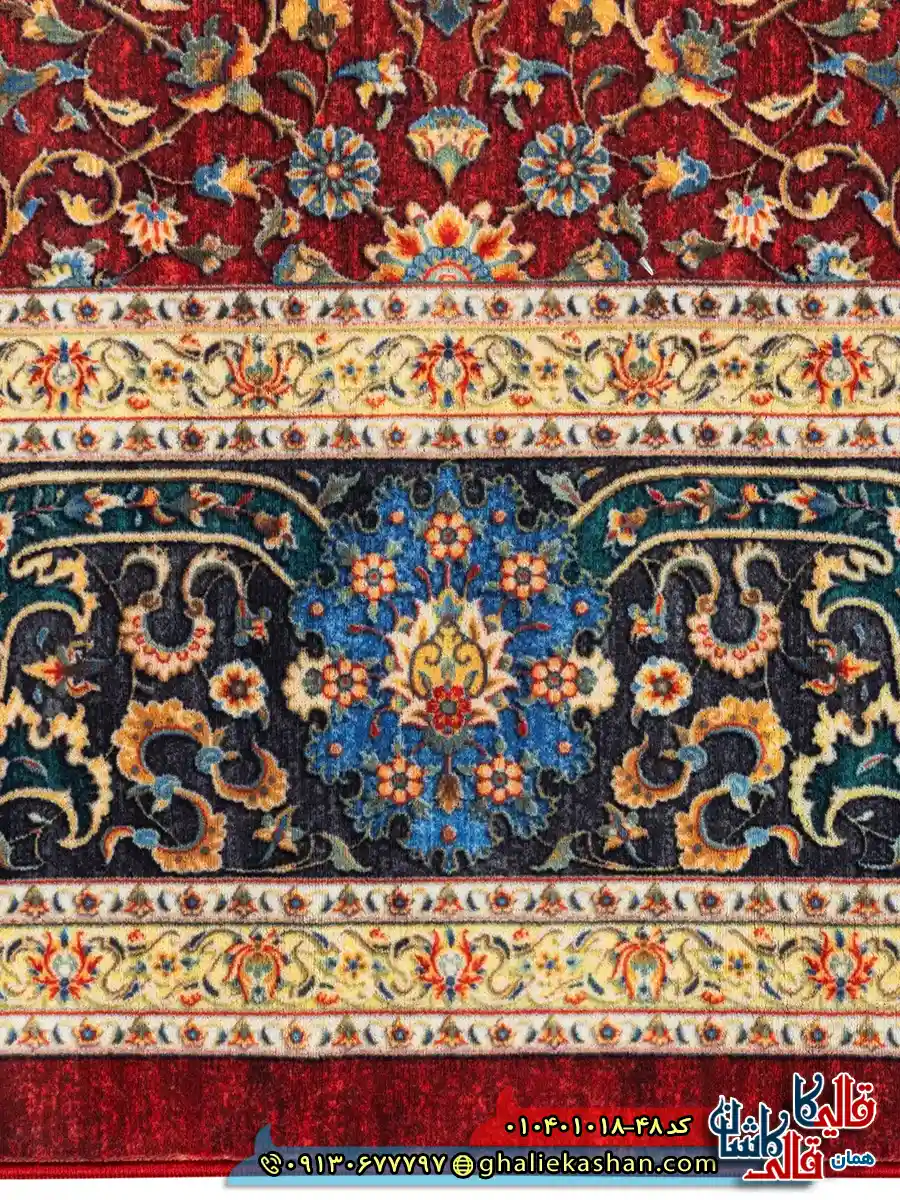 فرش سنتی 1000 شانه طرح افشان طاووس زمینه لاکی کاشان نزدیک