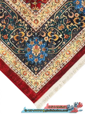 فرش سنتی 1000 شانه طرح افشان طاووس زمینه لاکی کاشان نزدیک2