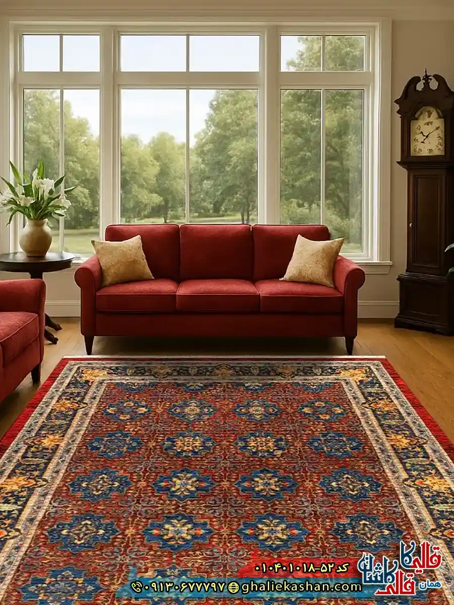 فرش سنتی 1000 شانه طرح افشان واگیره شمسه بیرجند زمینه لاکی کاشان دکوراسیون