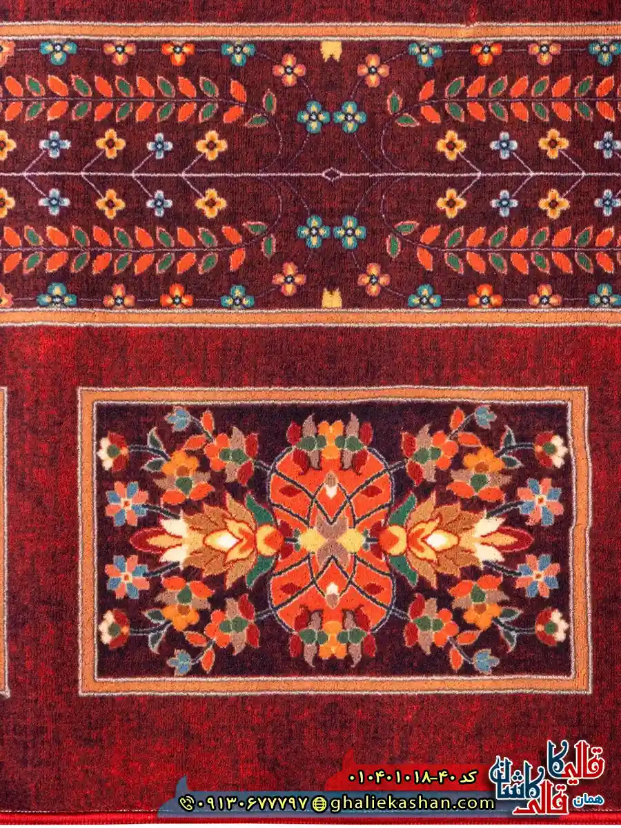 فرش سنتی 1000 شانه طرح خشتی گلدشت بختیاری زمینه عنابی کاشان نزدیک