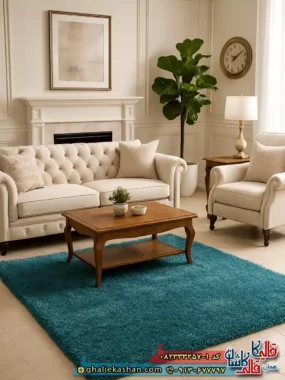 فرش شگی فلوکاتی طرح ساده رنگ آبی اطلسی کاشان