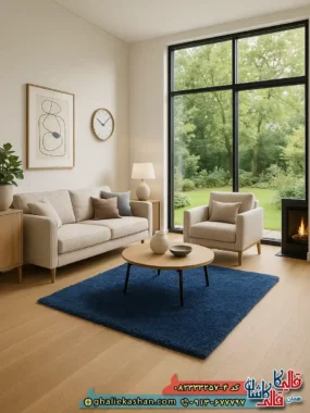 فرش شگی فلوکاتی طرح ساده رنگ سرمه ای کاشان
