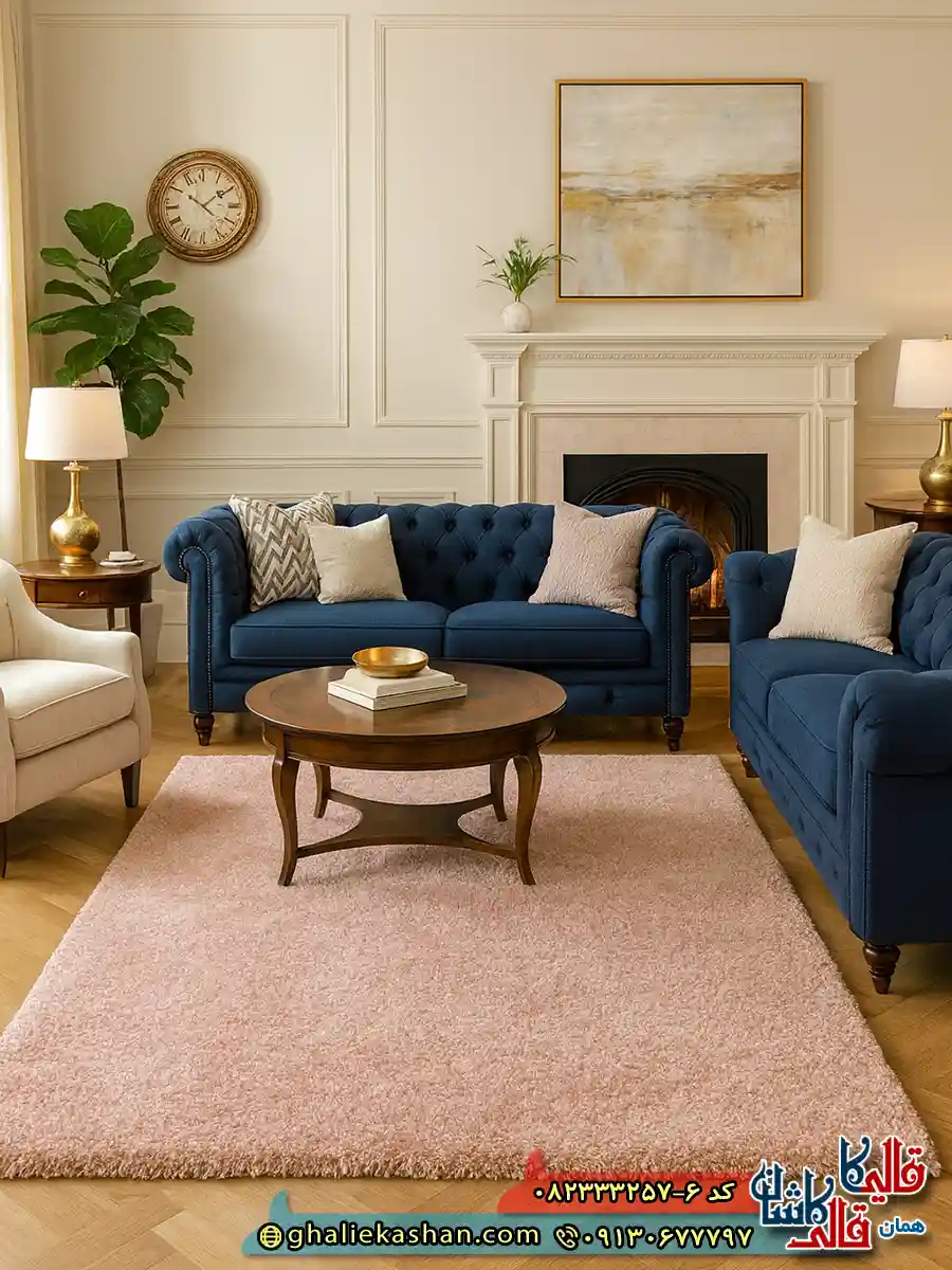 فرش شگی فلوکاتی طرح ساده رنگ صورتی مرجانی کاشان دکوراسیون