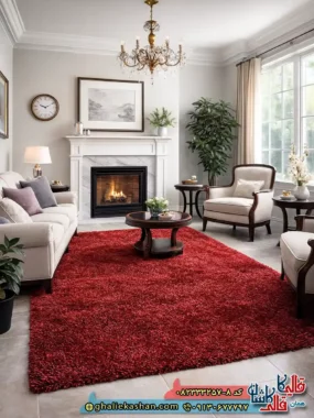 فرش شگی فلوکاتی طرح ساده رنگ قرمز کاشان