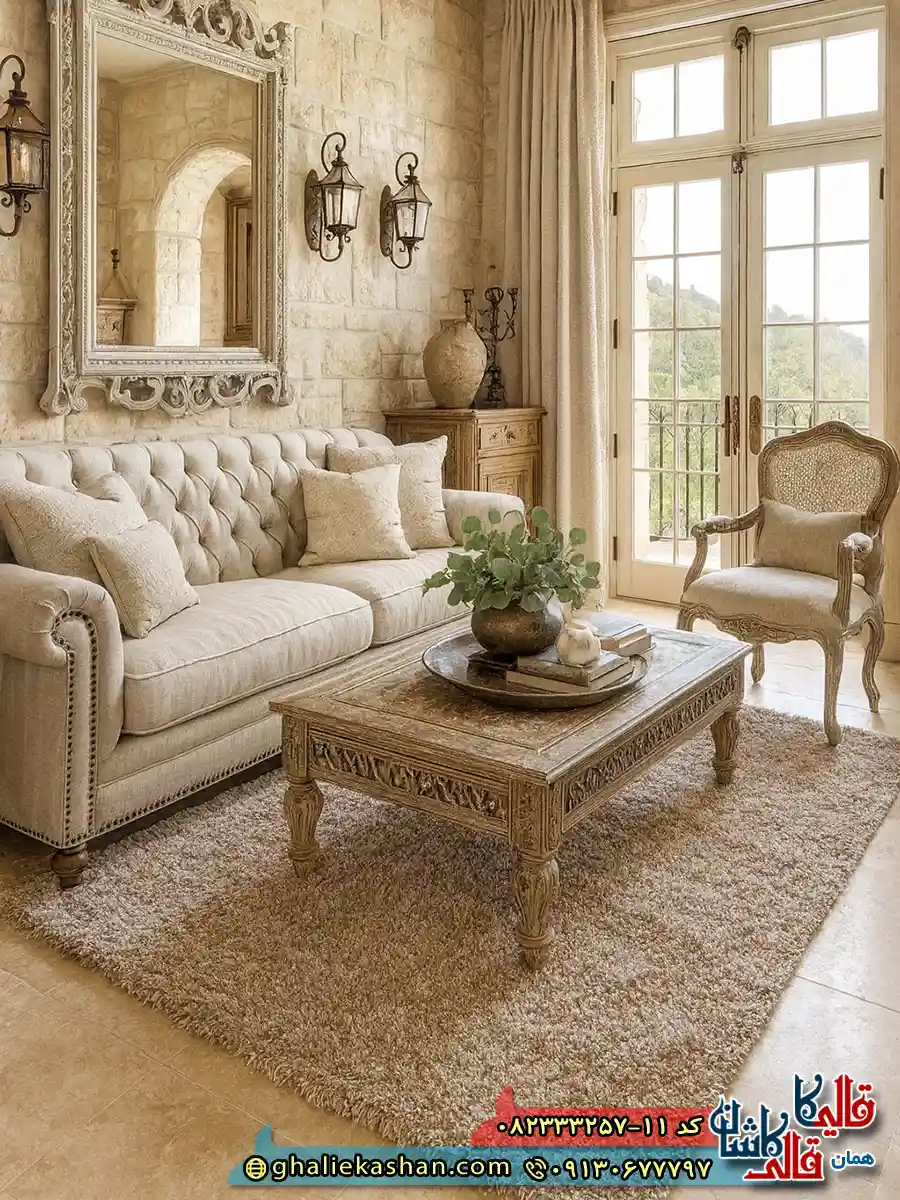 فرش شگی فلوکاتی طرح ساده رنگ نسکافه ای قهوه ای کاشان دکوراسیون