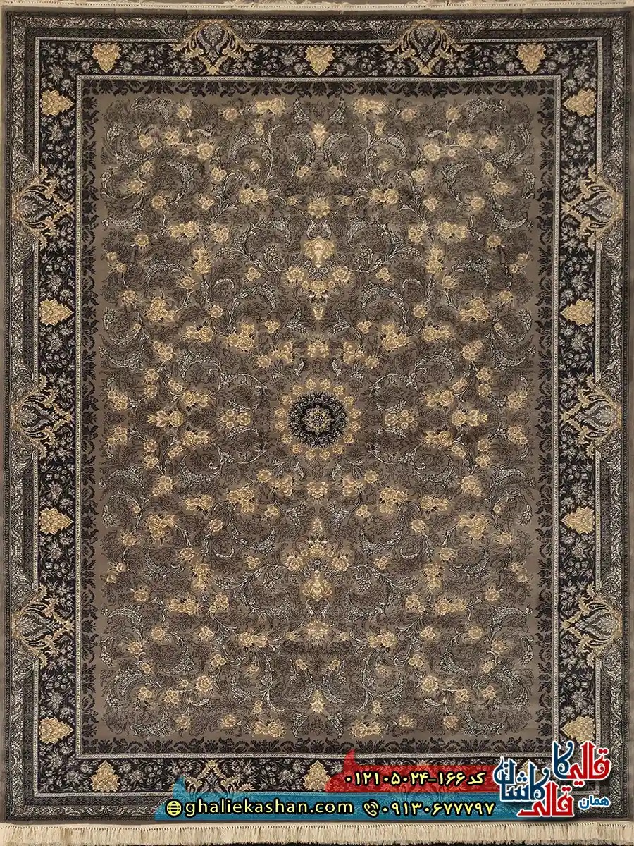 فرش طرح 700 شانه طرح افشان لیان رنگ فیلی نقره ای کاشان اصلی