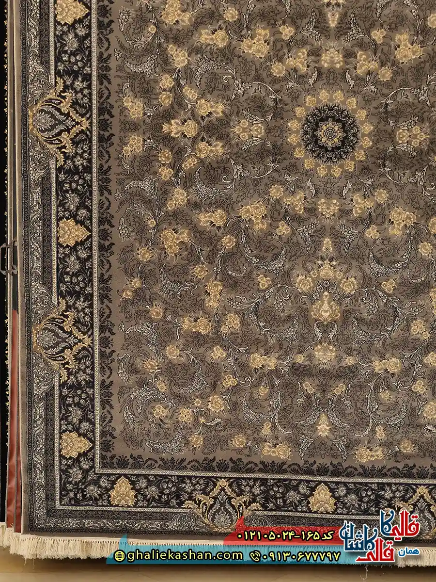 فرش طرح 700 شانه طرح افشان لیان رنگ فیلی نقره ای کاشان حاشیه