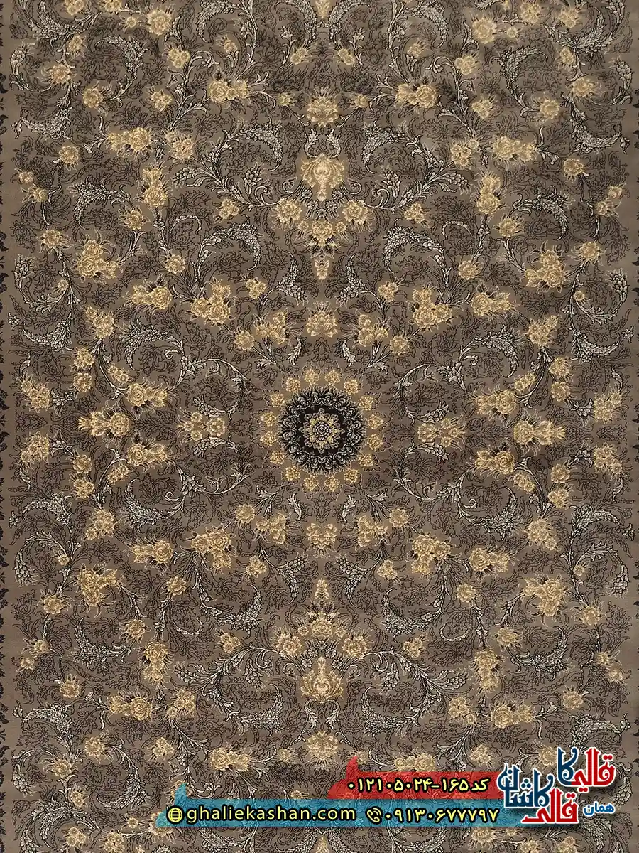 فرش طرح 700 شانه طرح افشان لیان رنگ فیلی نقره ای کاشان زمینه