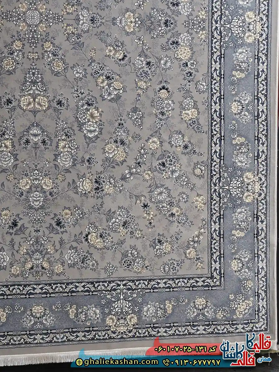 فرش طرح 700 شانه طرح افشان ژینا رنگ فیلی ترمه ای کاشان حاشیه