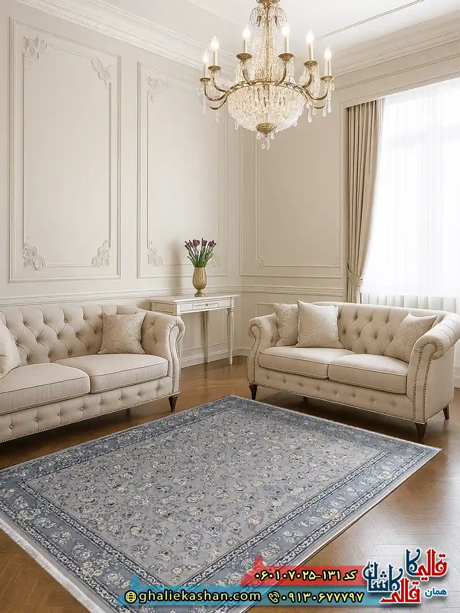 فرش طرح 700 شانه طرح افشان ژینا رنگ فیلی ترمه ای کاشان دکوراسیون