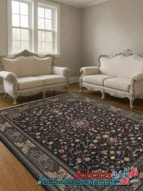 فرش طرح 700 شانه طرح افشان گیتی رنگ طوسی دودی کاشان