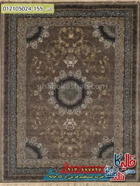 فرش طرح 700 شانه طرح خورشید رنگ فیلی نقره ای کاشان اصلی