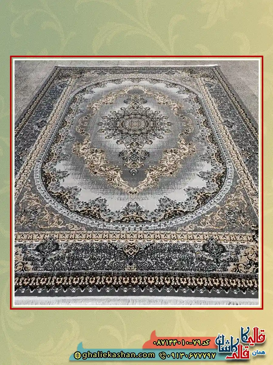 فرش طرح 700 شانه طرح کارن رنگ طوسی فیلی کاشان زمینه