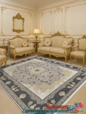فرش طلاکوب  1000 شانه طرح آبان رنگ بژ گل برجسته کاشان