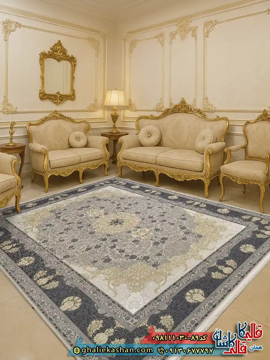 فرش طلاکوب 1000 شانه طرح آبان رنگ بژ گل برجسته کاشان دکوراسیون