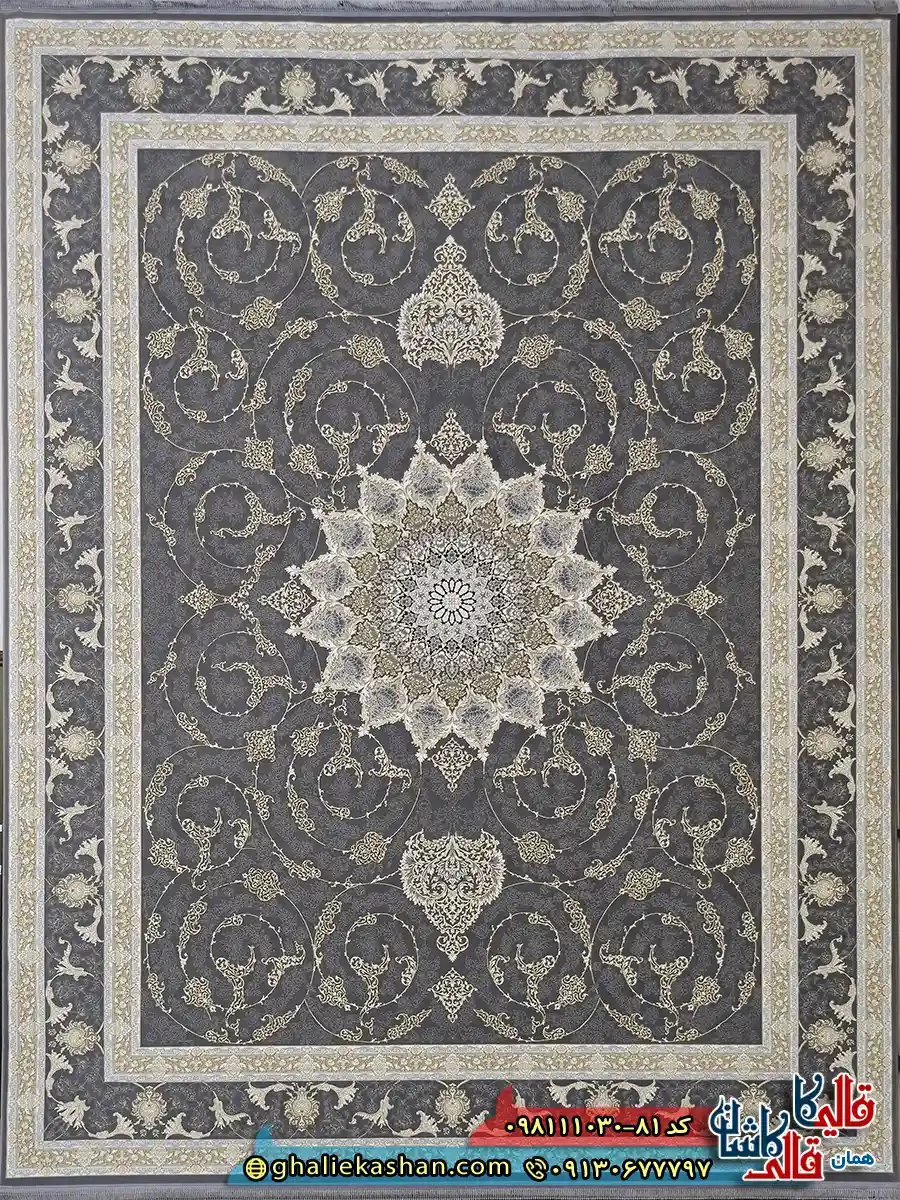 فرش طلاکوب 1000 شانه طرح آذر رنگ طوسی دودی کاشان گل برجسته اصلی فرش طلاکوب 1000 شانه طرح آذر رنگ طوسی دودی کاشان گل برجسته اصلی