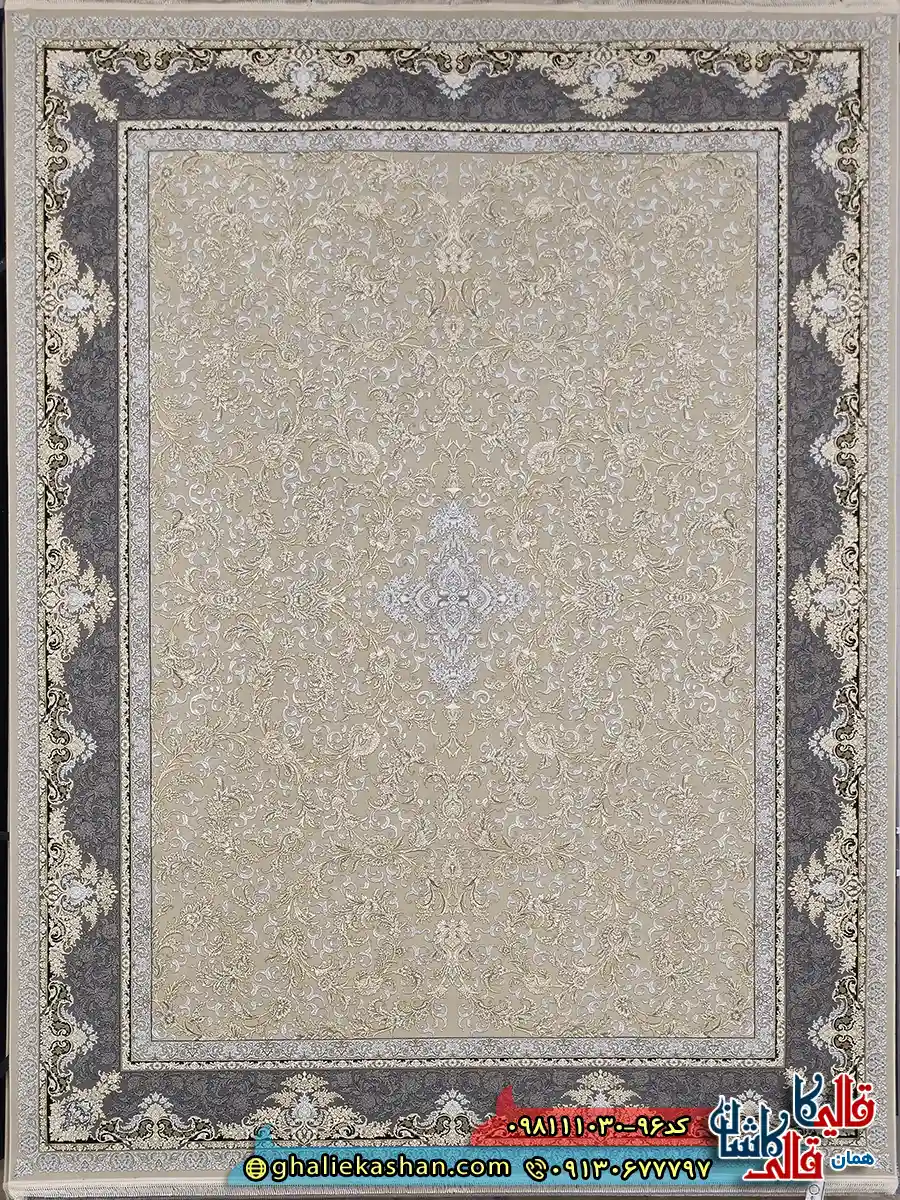 فرش طلاکوب 1000 شانه طرح افشان آترین رنگ بژ گل برجسته کاشان اصلی