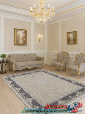 فرش طلاکوب 1000 شانه طرح افشان آترین رنگ بژ گل برجسته کاشان