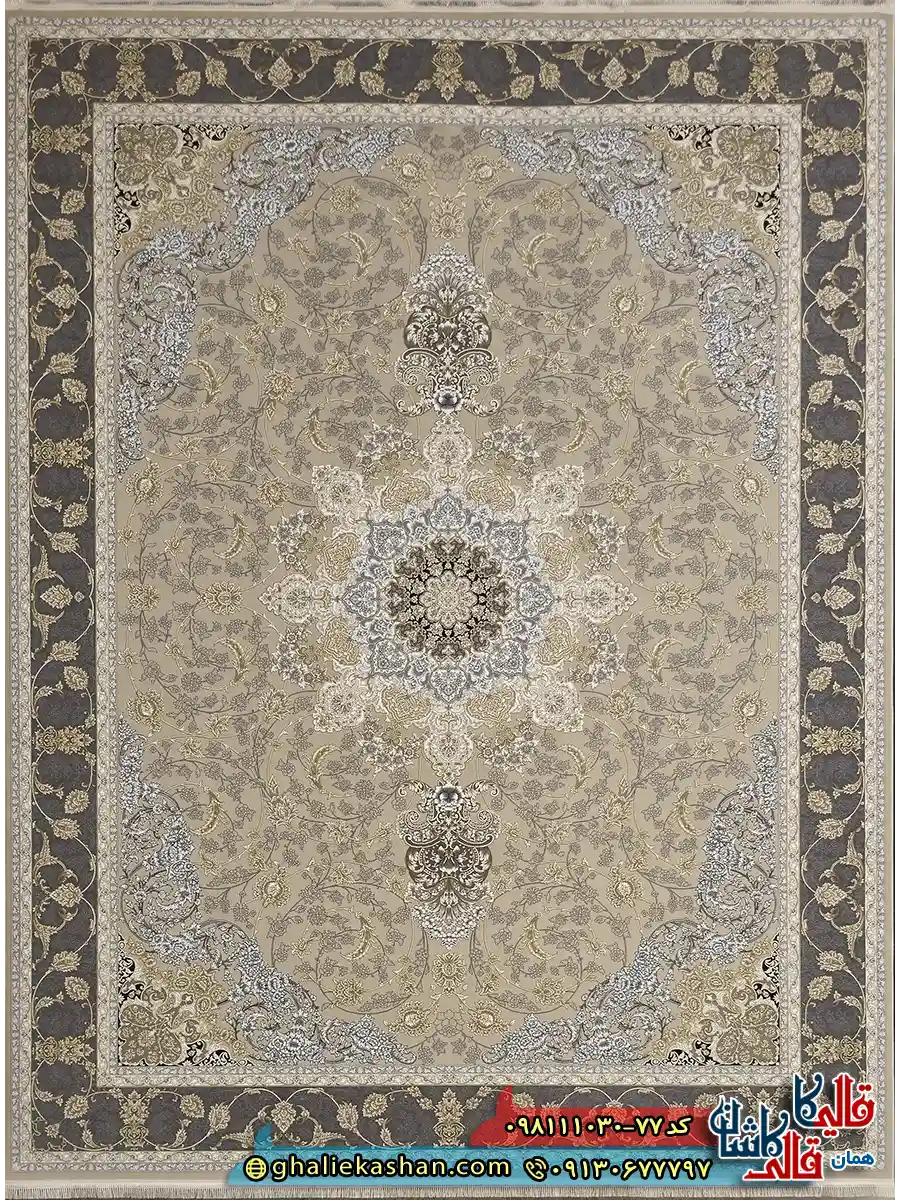 فرش طلاکوب 1000 شانه طرح یکتا رنگ بژ کاشان گل برجسته اصلی