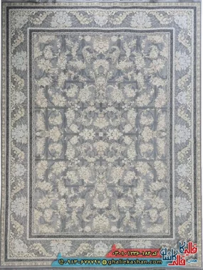 فرش ‌طلاکوب ‌1200 ‌شانه ‌خشتی ‌طرح ‌افشان ‌هانا ‌رنگ ‌طوسی ‌کاشان