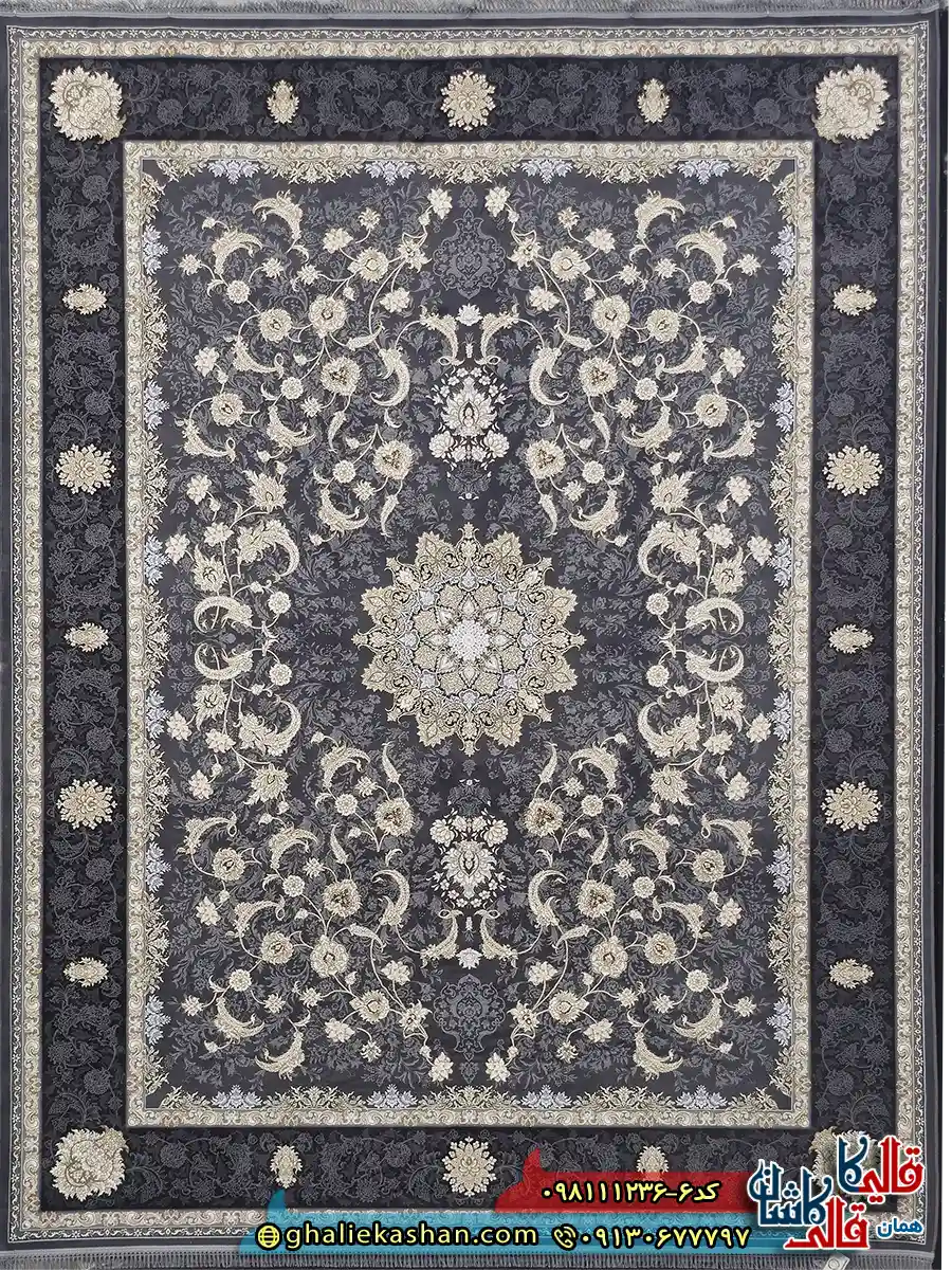 فرش طلاکوب 1200 شانه طرح آیدا رنگ طوسی دودی کاشان اصلی