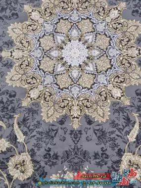 فرش طلاکوب 1200 شانه طرح آیدا رنگ طوسی نقره ای کاشان زمینه