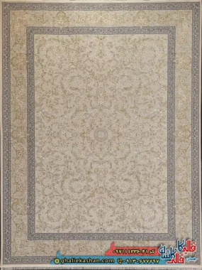 فرش طلاکوب 1200 شانه طرح افشان النا رنگ کرم صدفی گل برجسته کاشان