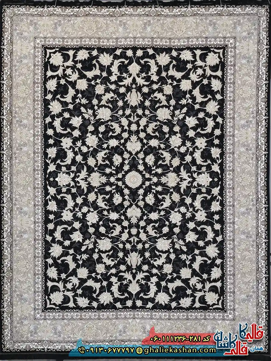 فرش طلاکوب 1200 شانه طرح افشان توتیا رنگ سرمه ای گل برجسته کاشان اصلی