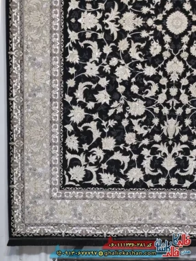 فرش طلاکوب 1200 شانه طرح افشان توتیا رنگ سرمه ای گل برجسته کاشان حاشیه