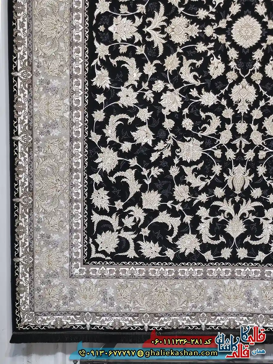 فرش طلاکوب 1200 شانه طرح افشان توتیا رنگ سرمه ای گل برجسته کاشان حاشیه