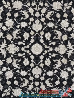 فرش طلاکوب 1200 شانه طرح افشان توتیا رنگ سرمه ای گل برجسته کاشان زمینه