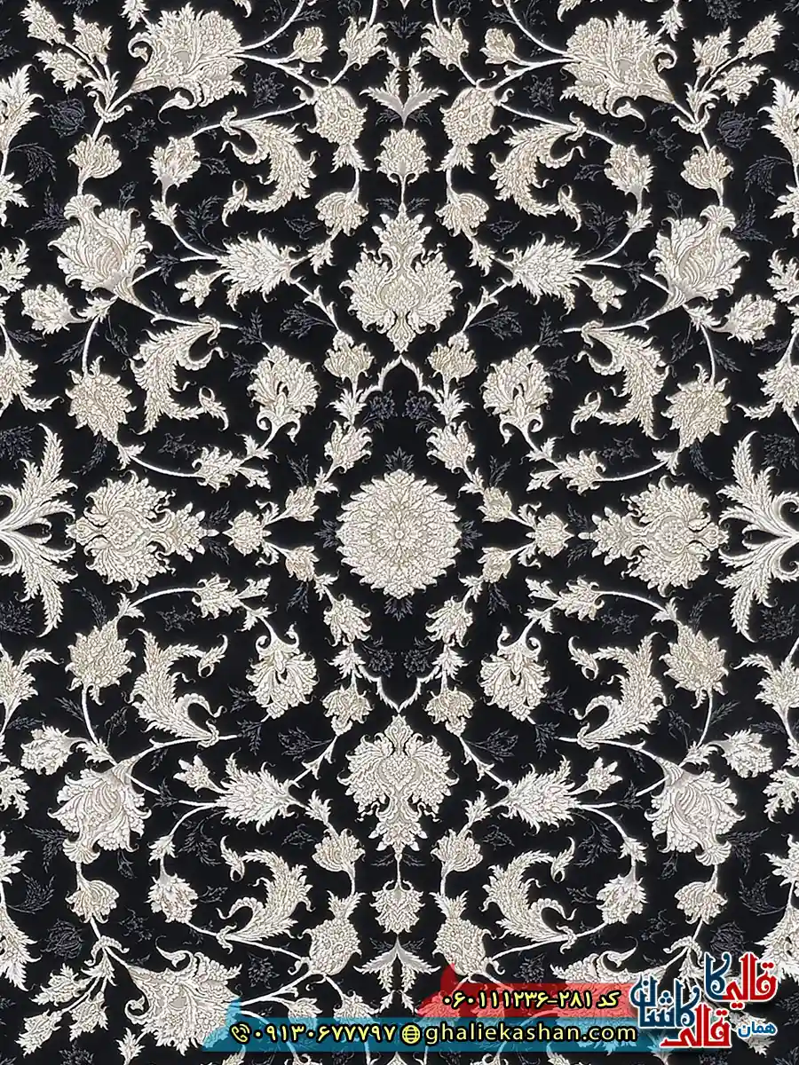 فرش طلاکوب 1200 شانه طرح افشان توتیا رنگ سرمه ای گل برجسته کاشان زمینه