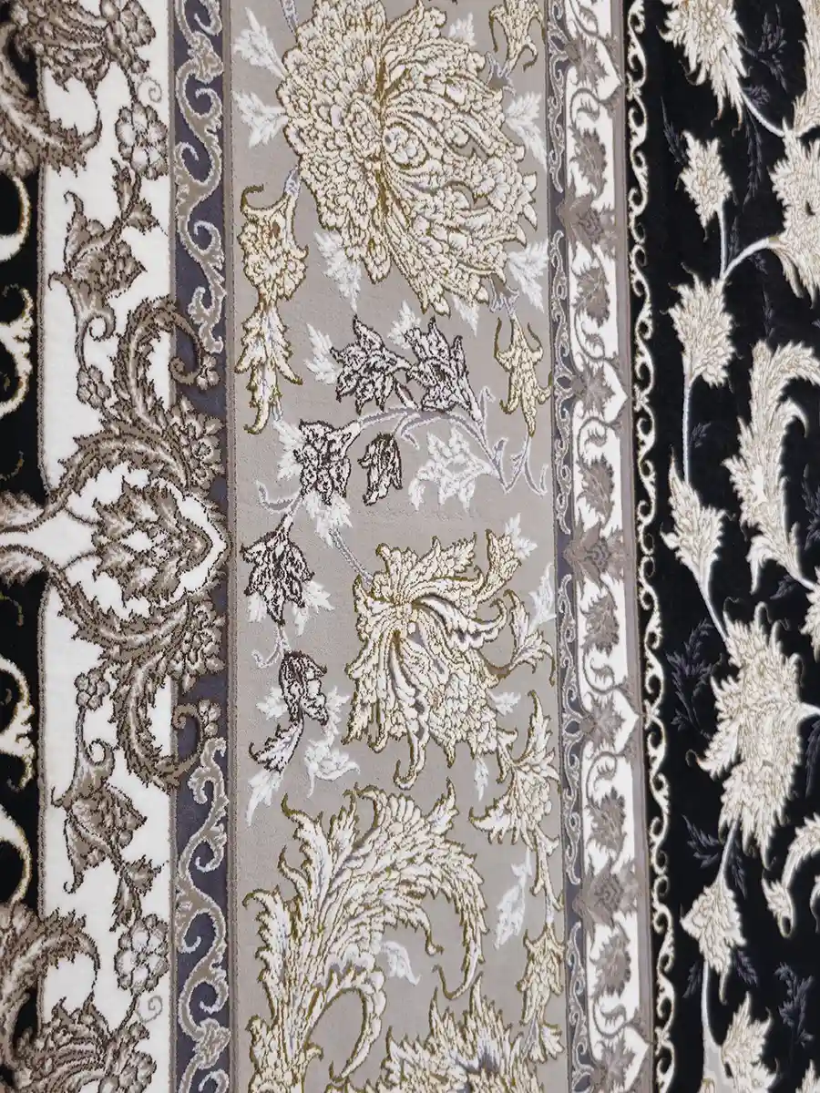 فرش طلاکوب 1200 شانه طرح افشان توتیا رنگ سرمه ای گل برجسته کاشان نزدیک