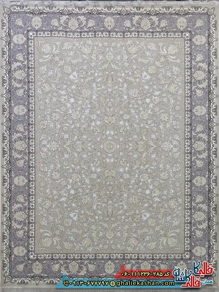 فرش طلاکوب 1200 شانه طرح افشان توتیا رنگ طوسی یاسی گل برجسته کاشان اصلی