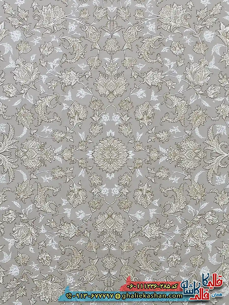 فرش طلاکوب 1200 شانه طرح افشان توتیا رنگ طوسی یاسی گل برجسته کاشان زمینه