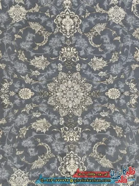 فرش ‌طلاکوب ‌1200 ‌شانه ‌طرح ‌افشان ‌دلوین ‌رنگ ‌طوسی ‌کاشان ‌زمینه