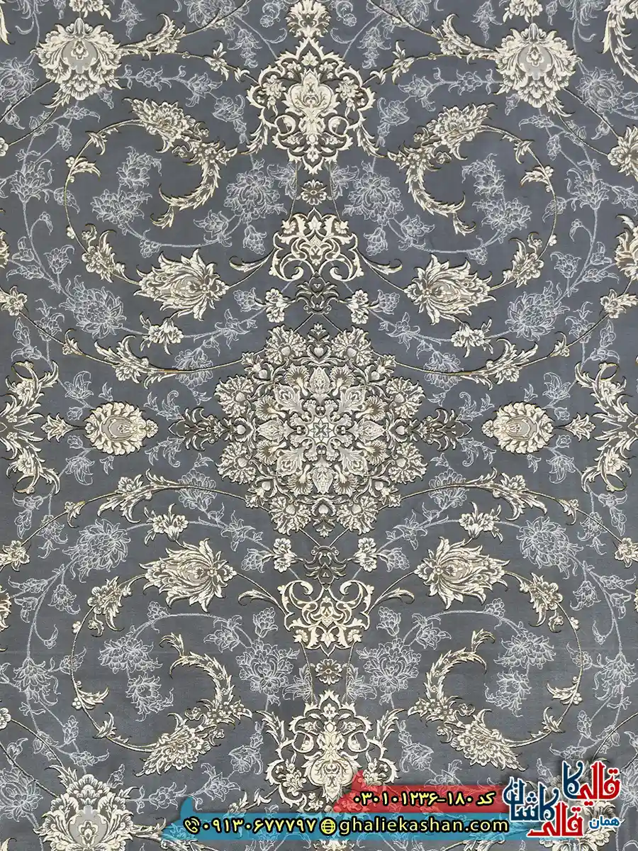 فرش ‌طلاکوب ‌1200 ‌شانه ‌طرح ‌افشان ‌دلوین ‌رنگ ‌طوسی ‌کاشان ‌زمینه