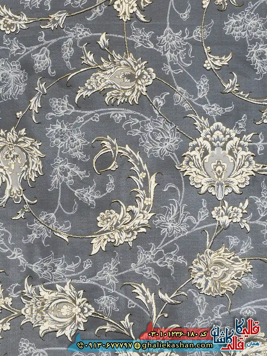 فرش ‌طلاکوب ‌1200 ‌شانه ‌طرح ‌افشان ‌دلوین ‌رنگ ‌طوسی ‌کاشان ‌نزدیک ‌3