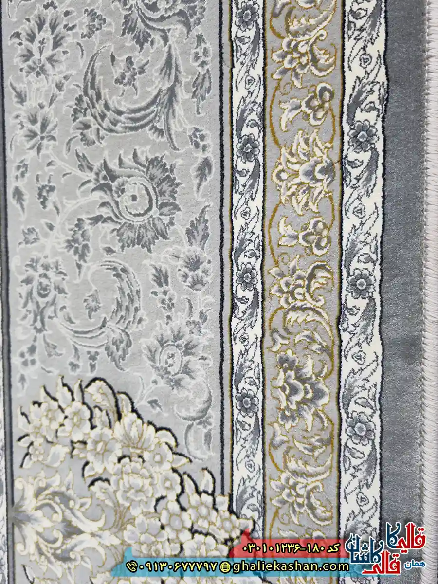 فرش ‌طلاکوب ‌1200 ‌شانه ‌طرح ‌افشان ‌دلوین ‌رنگ ‌طوسی ‌کاشان ‌نزدیک